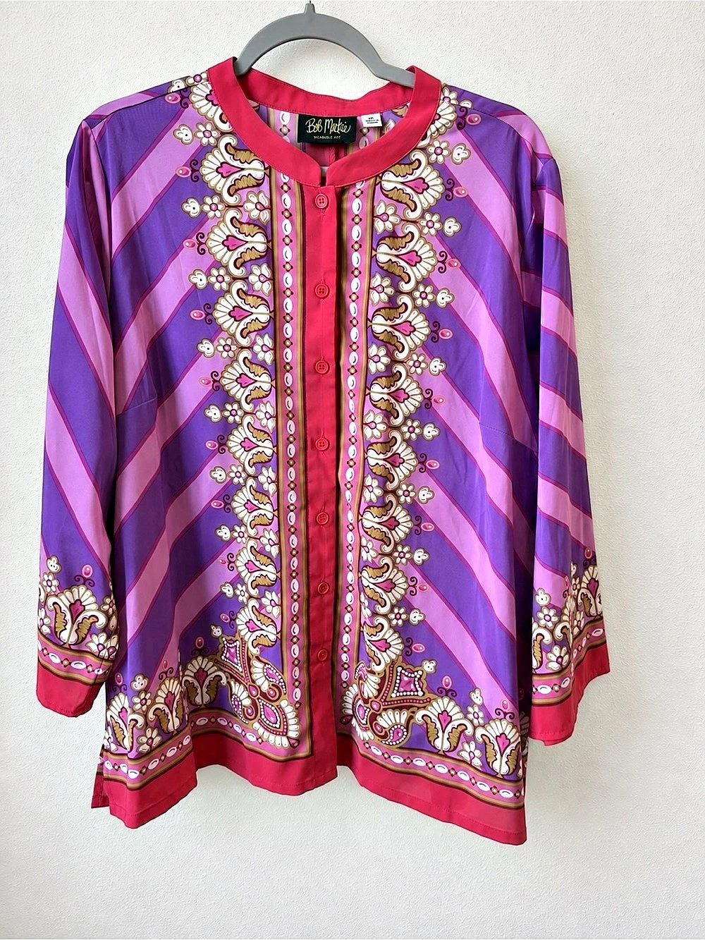 Bob Mackie Blouse XL Pink Purple Paisley Scarf Print
